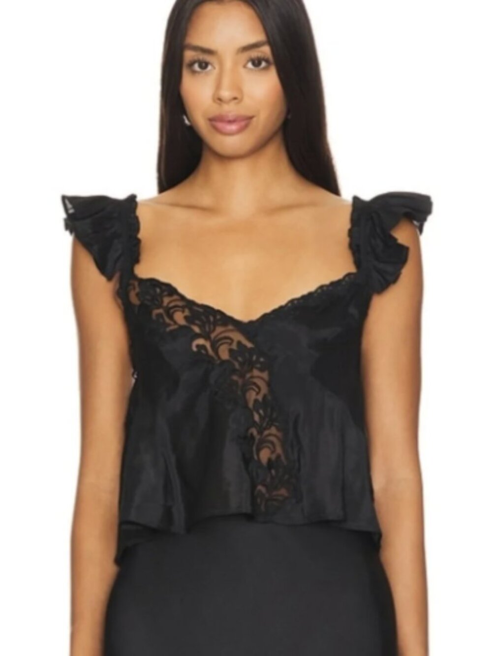 Free People Black Harmony Lace Ruffle Strap Tank M
